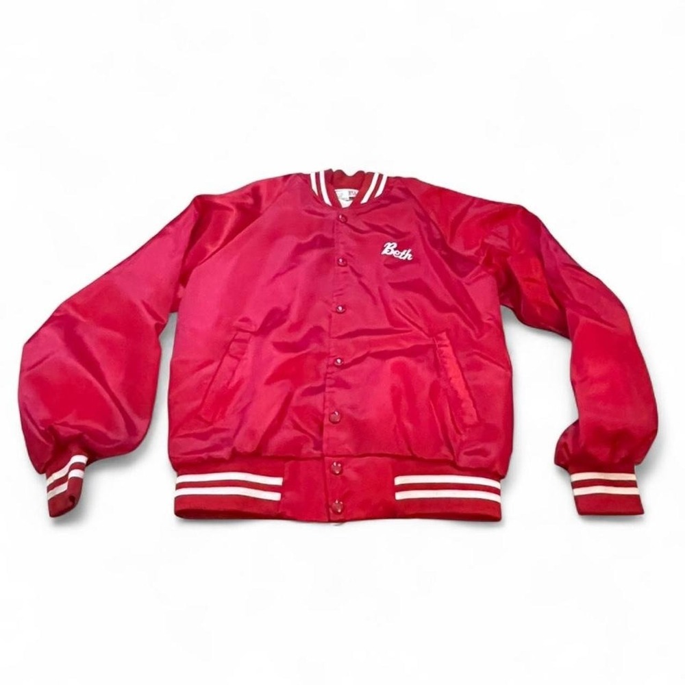 Vintage red satin bomber jacket with "Texoma Squares" Texas graphic on back